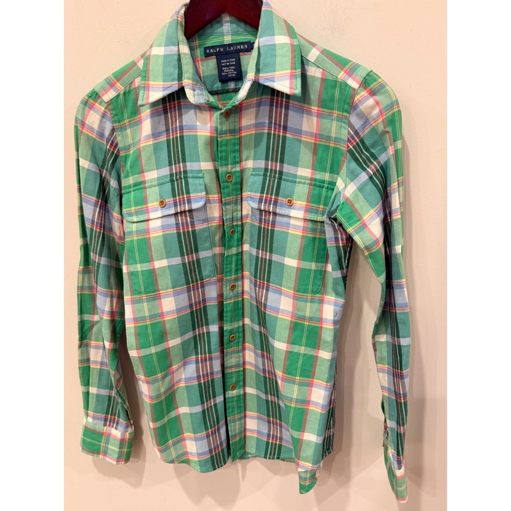 Ralph Lauren Green Plaid Cotton Button Down Shirt Womens 4 Long Sleeve 79097